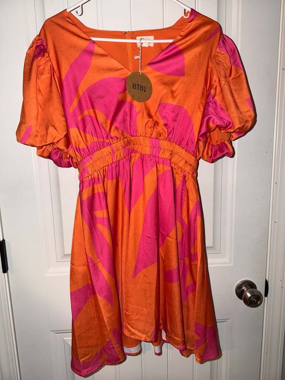 BIB! Puff-Sleeve Floral Mini Dress in Orange and Pink
